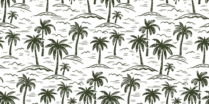 Hand drawn palm tree doodle seamless pattern illustration. Colorful hawaiian print, summer vacation background in vintage art style. Tropical plant painting wallpaper texture.	
