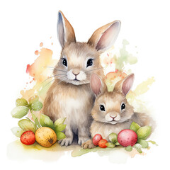Fototapeta na wymiar Cute mom and baby rabbit, fruits with flower Illustration, Generative Ai