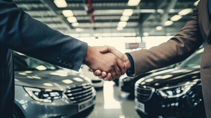 defocused handshake in an automotive workshop, with car prototypes and mechanics in the background, in an automobile industry - obrazy, fototapety, plakaty