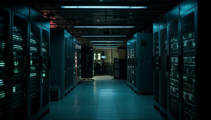 Computer equipment in a row inside modern storage compartment generated by AI
