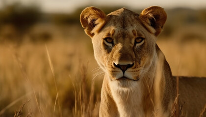 Obraz premium Majestic lioness walking in the savannah, alertness in her eyes generated by AI