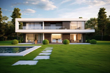 a minimalist modern house with grass lawn - obrazy, fototapety, plakaty
