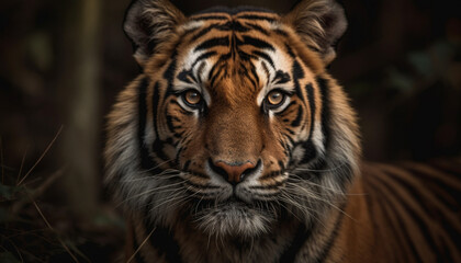 Fototapeta premium Bengal tiger staring, majestic and dangerous in the wild forest generated by AI