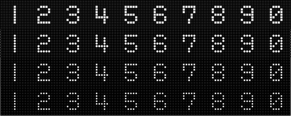 四角形と丸のドットデジタル数字　電光掲示板、時計、タイマー、時間表示でよくみる数字