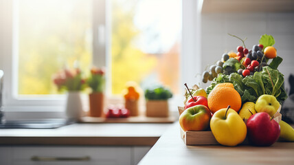 Obraz na płótnie Canvas fresh vegetables and fruits in a modern kitchen in a shopping bag