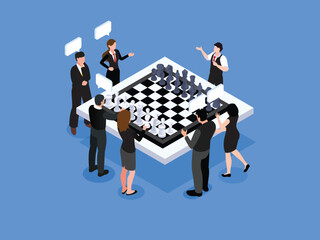 businessmen and women playing chess game - strategy to success isometric 3d vector illustration concept