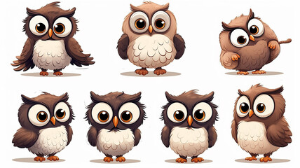 Fototapeta premium collection of cute cartoon owls on a white background set