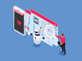 businesspeople using finance assistant computer app with ai helper bot isometric 3d vector illustration concept