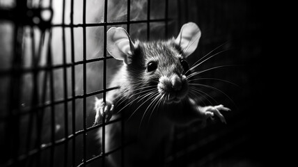 gray mouse rat in a cage escape laboratory concept freedom from iron bars - obrazy, fototapety, plakaty