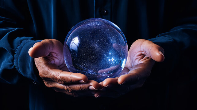 crystal ball of predictions in the hands of a fortune teller