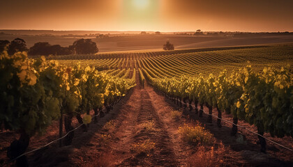 Sun kissed vineyard in tranquil Napa Valley, ripe grapes for winemaking generated by AI