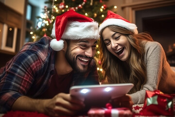 Fototapeta na wymiar Young cheerful smiling couple with Santa hats looking on a tablet while sitting on the floor for Christmas holidays.