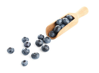 Wooden scoop with fresh blueberries on white background