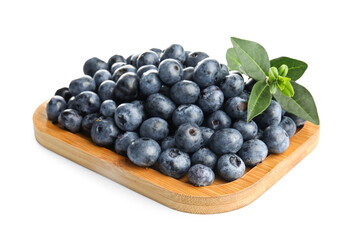 Wooden board with fresh blueberries on white background