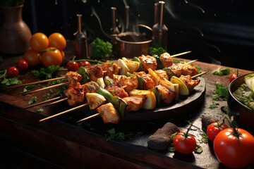Tempting skewer assortment grilled chicken, zucchini, and pork on rustic plate. Bursting with flavors and aromas. Summertime delight is AI generative.