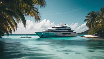 Luxury yacht sails through turquoise waters, a perfect summer vacation generated by AI