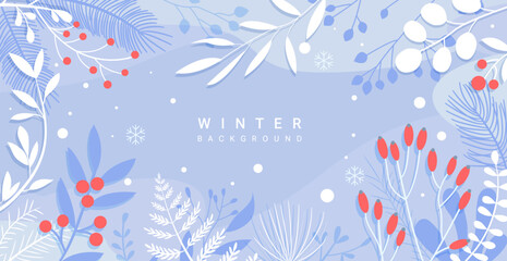 Fototapeta na wymiar Winter floral background with isolated hand drawn leaves,red berries,snowflakes and place for text.Decoration for Christmas, New Year sales, discounts.Template for advertise banners,flyers,web.Vector