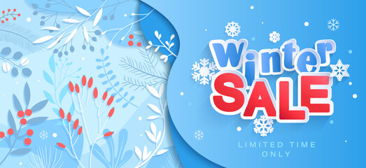 Winter sale horizontal banner with promotion and winter floral part with red berries. Big discounts template design for Christmas and New Year. Promo for retail, market,web. Vector Illustration. - obrazy, fototapety, plakaty