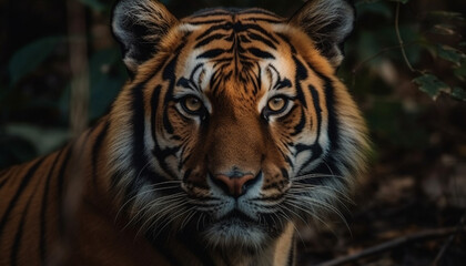 Obraz premium Bengal tiger staring at camera, majestic beauty in nature generated by AI