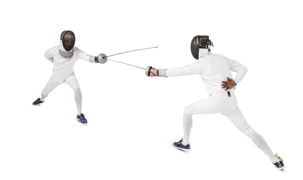 Digital png photo of two male fencers fencing on transparent background