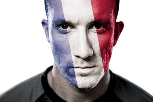 Digital png photo of caucasian man with face painted with france flag on transparent background - Powered by Adobe