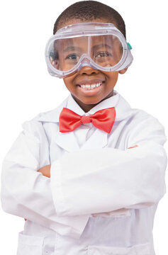 Digital png photo of happy african american boy in glasses and lab suit on transparent background