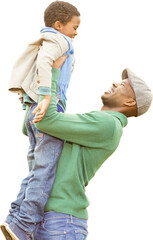 Digital png photo of happy african american father holding son in air on transparent background