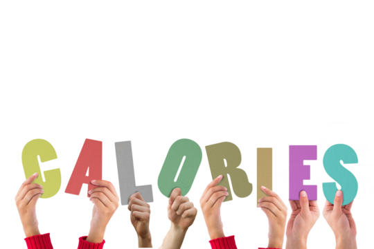 Digital png illustration of hands holding calories text on transparent background - Powered by Adobe