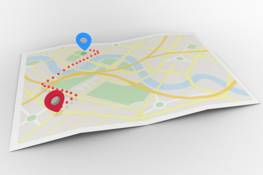 Digital png illustration of map with red and blue pointer on transparent background - Powered by Adobe