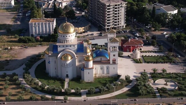 Bar, Montenegro. Aerial View of Orthodox Church of St. Jovan Vladimir on Sunny Day, Drone Shot