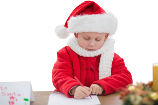 Digital png photo of focused caucasian boy writing on sheet of paper on transparent background