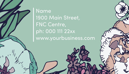 Digital png illustration of address information text, flowers on green and transparent background