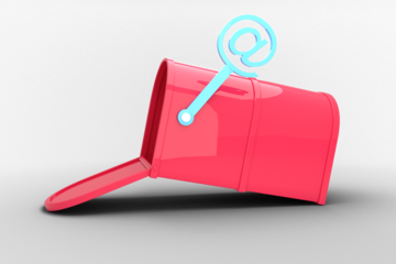 Digital png illustration of at symbol with open pink mailbox, copy space on transparent background