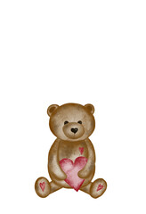 watercolor drawing of a cute bear with a heart. Valentine's day card template with cute teddy bear. Holiday card for loved ones