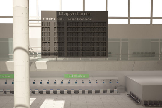 Digital png illustration of interior of airport with departures board on transparent background