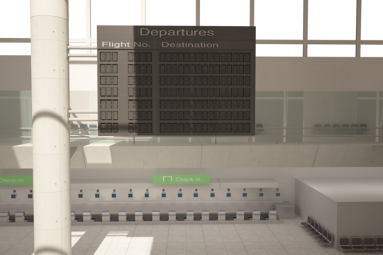 Digital png illustration of interior of airport with departures board on transparent background