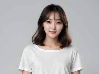Fototapeta premium A young beautiful korean woman in white shirt with smooth white skin and healthy short hair with bangs, for commercial and beauty products model. 