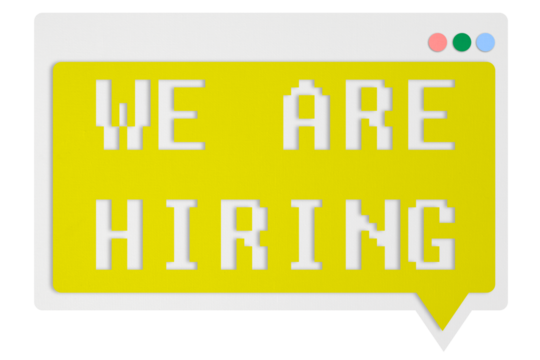 Digital png illustration of we are hiring text in yellow speech bubble on transparent background