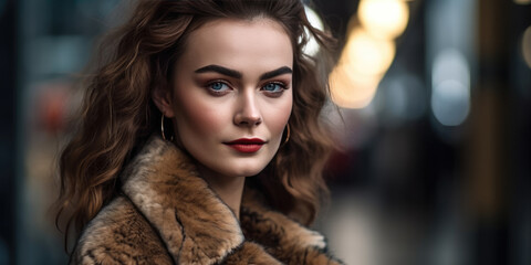 Portrait of beautiful girl in fur coat on city street in winter or autumn season, panorama - obrazy, fototapety, plakaty