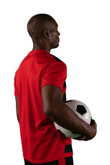 Digital png photo of african american male soccer player holding ball on transparent background