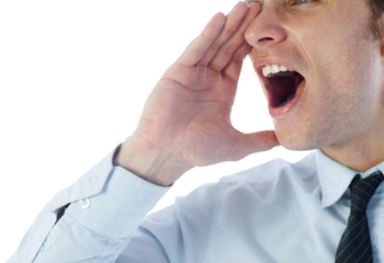 Digital png photo of caucasian businessman shouting with hand on face on transparent background