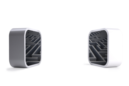 Digital png illustration of white cubes with labyrinths on transparent background