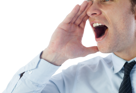 Digital png photo of caucasian businessman shouting with hand on face on transparent background - Powered by Adobe
