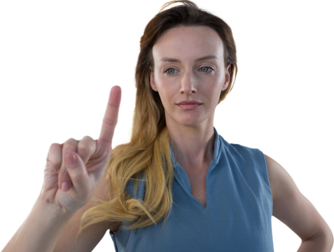 Digital png photo of focused caucasian woman looking at finger pointing up on transparent background - Powered by Adobe