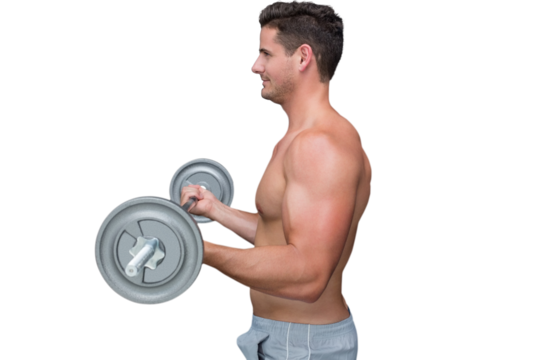 Digital png photo of happy caucasian man carrying weights on transparent background