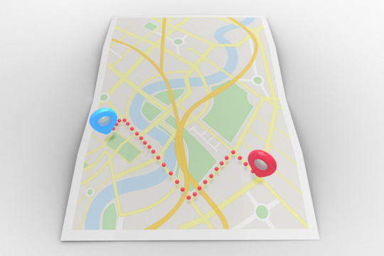 Digital png illustration of opened map with red and blue pointers on transparent background - Powered by Adobe