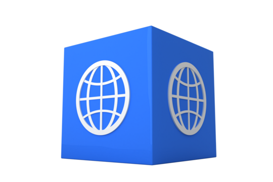Digital png illustration of white globe on blue cube on transparent background
