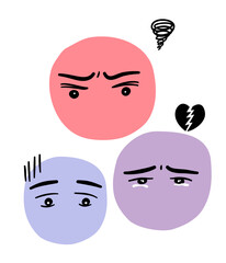 Set of cartoon faces with angry upset and sad emotion.