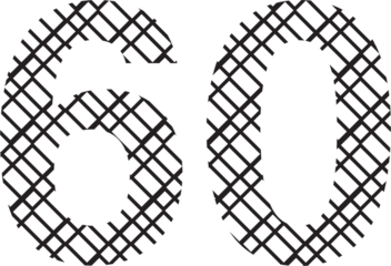 Digital png illustration of 60 number made with black lines on transparent background
