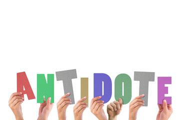 Digital png illustration of hands holding antidote text on transparent background